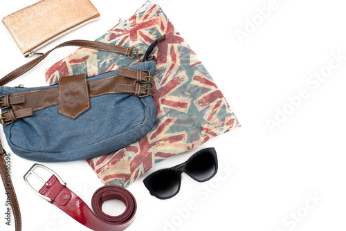 Set of women accessories Scarf Handbag Sunglasses Belt.