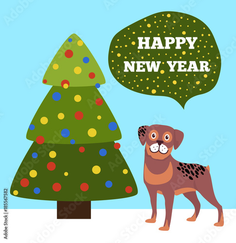 Happy New Years Placard with Tree and Puppy Icons