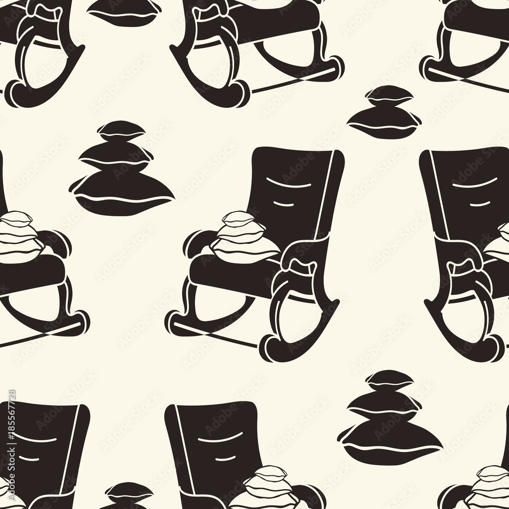 Rocking-chair with pillows vector seamless pattern. Rocking chair print in minimal flat style, simple pattern with black silhouette of rocker. Homeliness atmosphere. Comfortable chair. Rocking-chair with pillows vector seamless pattern. Rocking chair print in minimal flat style, simple pattern with black silhouette of rocker. Homeliness atmosphere. Comfortable chair.