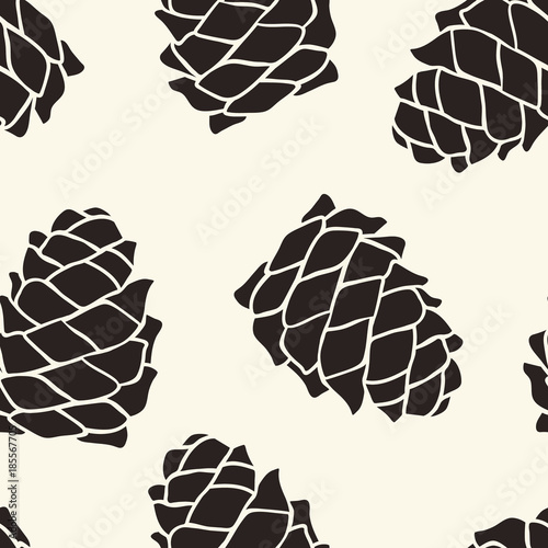 Vector seamless pattern with pine cones silhouette. Cone decoration isolated on beige background. Fir pattern. Realistic decorative background print, texture, wrapper. Natural tracery.