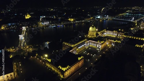 Hungarian Royal Palace, Chain bridge, Danube aerial view at night in Budapest, Hungary