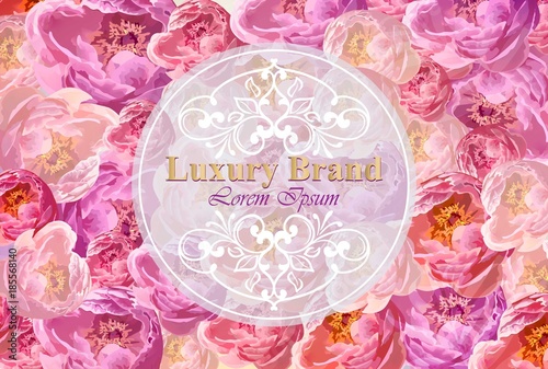 Luxury brand card with watercolor peony flowers Vector illustration. Round fr...