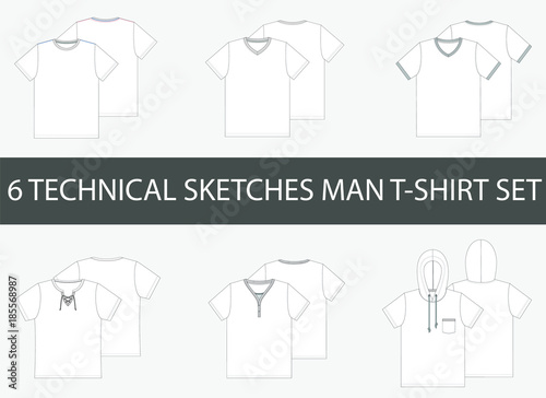 6 Fashion technical sketches of men's T-Shirt in vector.