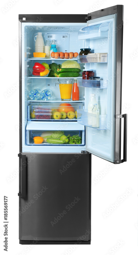 Refrigerator with fresh products on white background Refrigerator with fresh products on white background