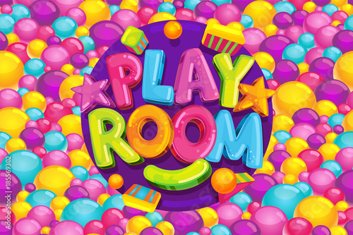 Playroom cartoon kids vector illustration. Color logo on a background of a pool with balls. Toys and games.