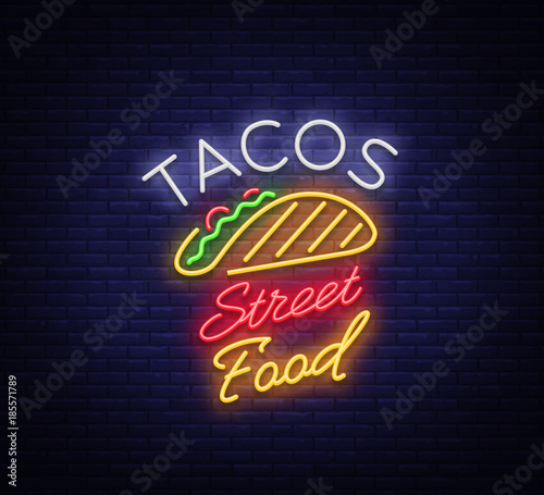 Tacos logo in neon style. Neon sign, symbol, bright billboard, nightly advertising of Mexican food Taco. Mexican street food, fast food. Vector illustration for your projects, restaurant, cafe