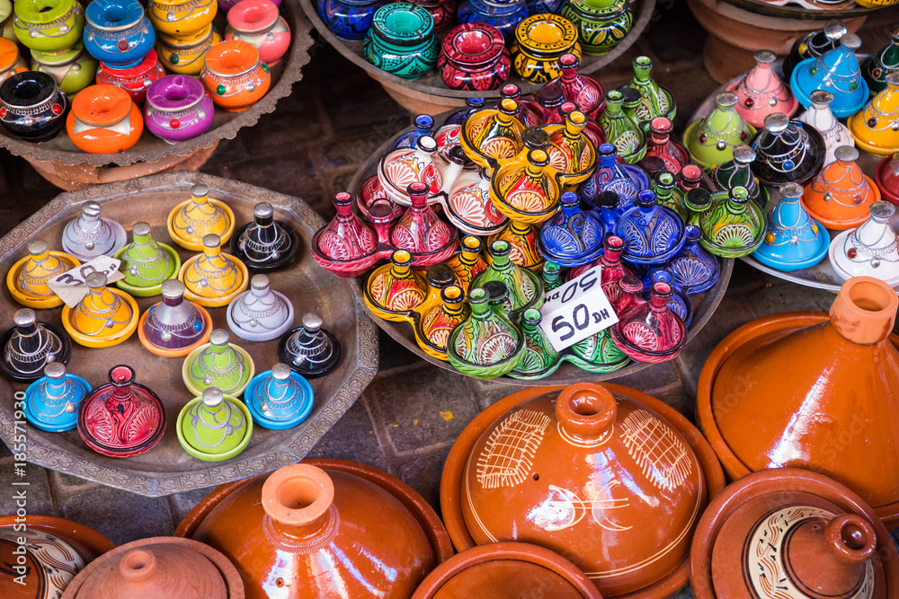 Selection of very colorful Moroccan tajines. Traditional dish, meat and vegetable in ceramic tajine.