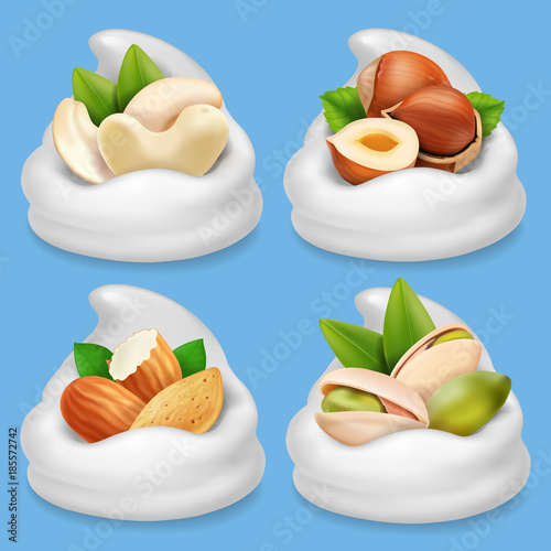 Nut collection realistic in milk or milk chocolate . Hazelnut, pistachio, almond, cashew