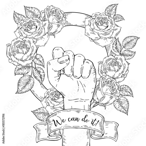 Vector hand-drawn background, sketch illustration. Template for printing, advertising, poster, poster, web design. Female hand with fist raised up. Symbol of feminism. We can do it. vintage rose