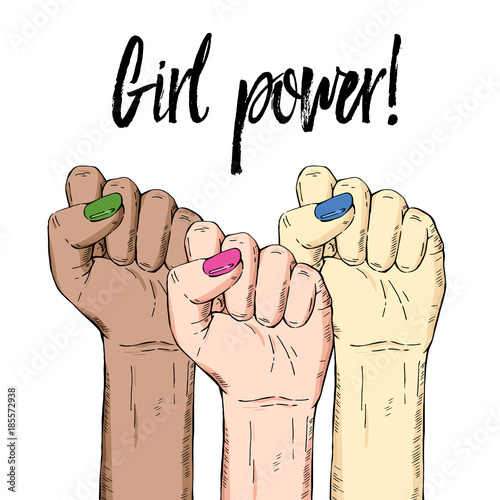 Vector hand-drawn background, sketch multicultural illustration. Template for printing, advertising, poster, poster, web design. Female hand with fist raised up. Symbol of feminism. Girl power text.