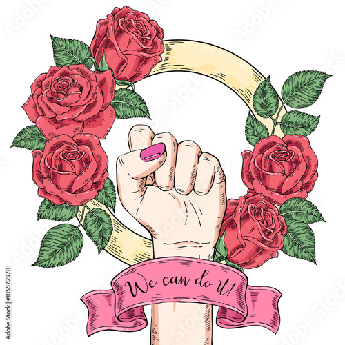 Vector hand-drawn background, sketch illustration. Template for printing, advertising, poster, poster, web design. Female hand with fist raised up. Symbol of feminism. We can do it. vintage rose
