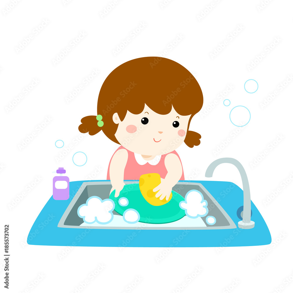 Illustration of happy girl washing dish on white background. Illustration of happy girl washing dish on white background.