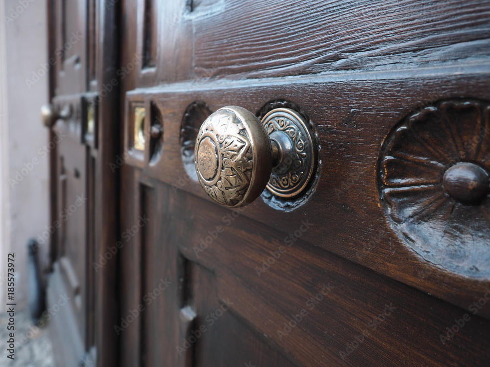 Italian wooden door, detail. Golden handle. Italian wooden door, detail. Golden handle.