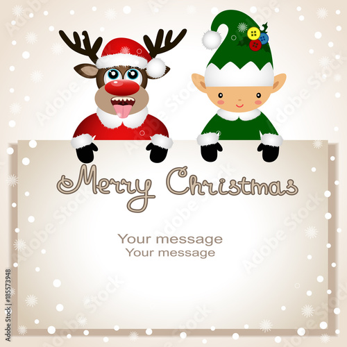 Christmas card. Funny postcard with Christmas Elf and Christmas reindeer.