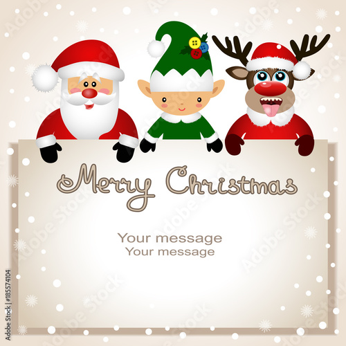 Christmas card. Funny postcard with Christmas Elf, Christmas reindeer and Santa.
