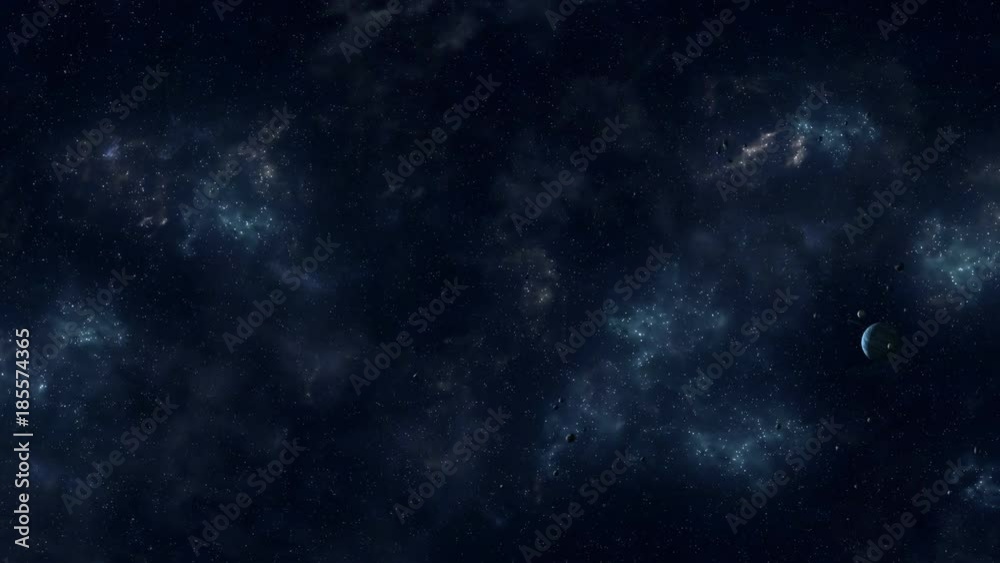 The camera is trucked to the right in space passing by stars, planets, nebulae and asteroids. Looped video.