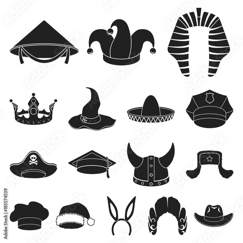 Different kinds of hats black icons in set collection for design.Headdress vector symbol stock web illustration.