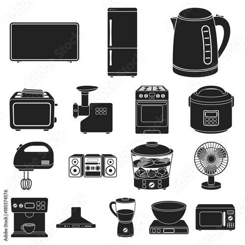 Types of household appliances black icons in set collection for design.Kitchen equipment vector symbol stock web illustration.