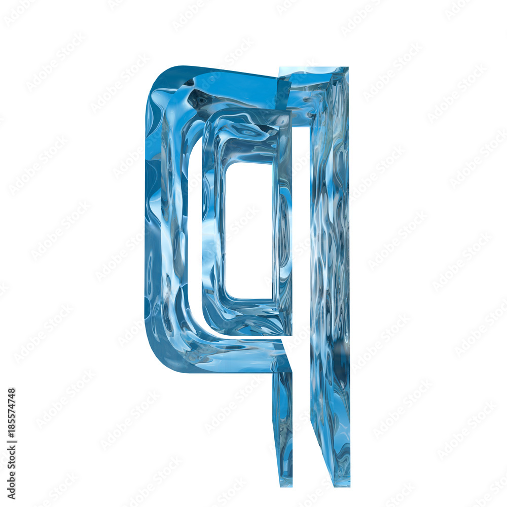 Conceptual blue light cold frosted water or ice winter season font isolated on white snow background. Cool crystal decorative character cut of frozen liquid, transpaernt 3D illustration concept Conceptual blue light cold frosted water or ice winter season font isolated on white snow background. Cool crystal decorative character cut of frozen liquid, transpaernt 3D illustration concept