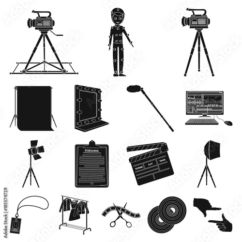 Making a movie black icons in set collection for design. Attributes and Equipment vector symbol stock web illustration.