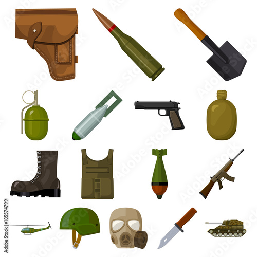 Army and armament cartoon icons in set collection for design. Weapons and equipment vector symbol stock web illustration.