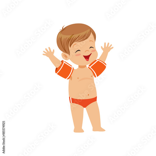 Cute little boy wearing swimming sleeves, kid playing at the beach, happy infants outdoor activity on summer vacations vector Illustration