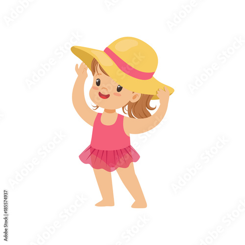 Sweet little girl in a pink swimsuit and straw hat, kid playing at the beach, happy infants outdoor activity on summer vacations vector Illustration
