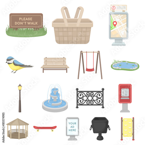Park, equipment cartoon icons in set collection for design. Walking and rest vector symbol stock web illustration.