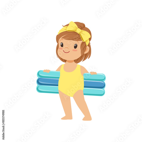 Sweet little girl in a yellow swimsuit holding blue inflatable mattress, kid playing at the beach, happy infants outdoor activity on summer vacations vector Illustration