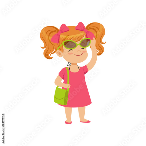 Beautiful little girl wearing pink dress and sunglasses, kid playing at the beach, happy infants outdoor activity on summer vacations vector Illustration