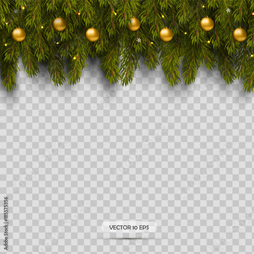 Border with Christmas tree branches and ornaments with balls and light. Isolated on transparent background.
