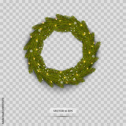 Christmas Wreath isolated. Realistic Christmas Tree Branches with snow.