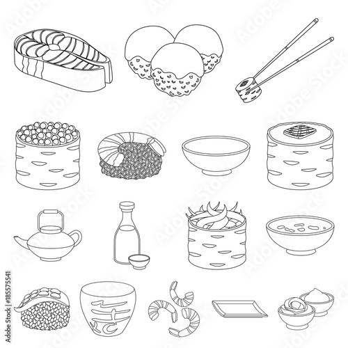 Sushi and seasoning outline icons in set collection for design. Seafood food, accessory vector symbol stock web illustration.