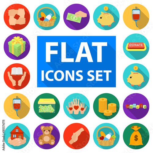 Charity and donation flat icons in set collection for design. Material aid vector symbol stock web illustration.