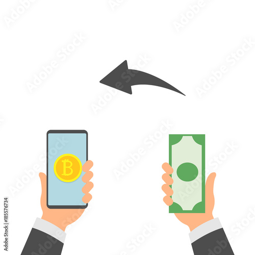 Flat modern design concept of cryptocurrency technology, bitcoin exchange, bitcoin mining, mobile banking. Hand holding mobile phone with bitcoin and dollars in the hand.