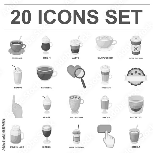 Different kinds of coffee monochrome icons in set collection for design. Coffee drink vector symbol stock web illustration.