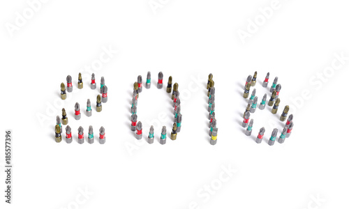 Obraz na płótnie Set of heads for screwdriver (bits) in New year order 2018. Tools collection close up, isolated white background. w salonie