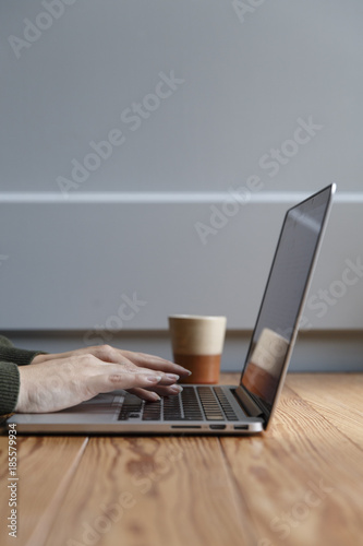 Side view of woman's hands using a laptop