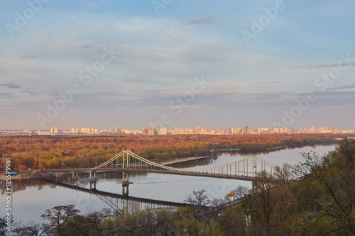 Kiev City, landscape, view of the bridge from above. Beautiful views of the Dnipro River