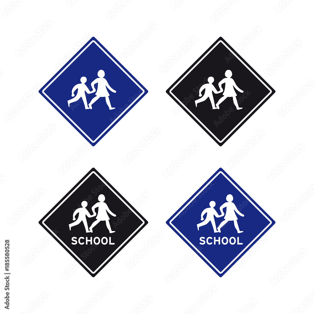 School kids children caution sign set
