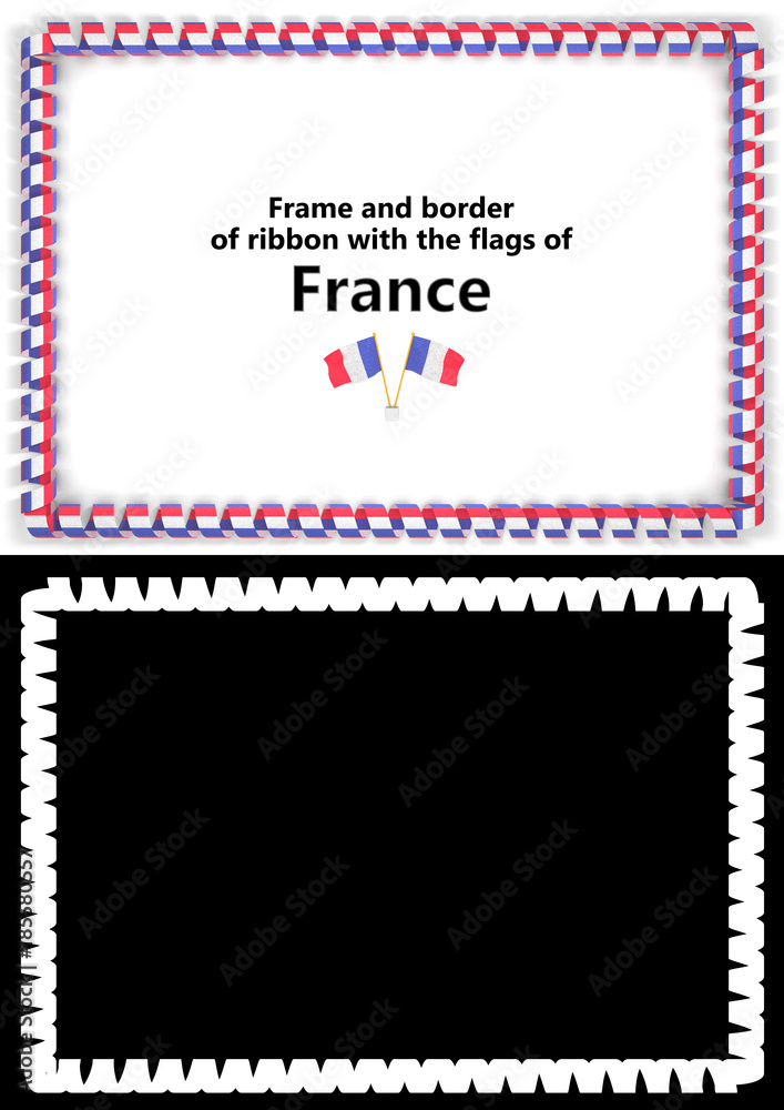 Frame and border of ribbon with the France flag for diplomas, congratulations, certificates. Alpha channel. 3d illustration Frame and border of ribbon with the France flag for diplomas, congratulations, certificates. Alpha channel. 3d illustration