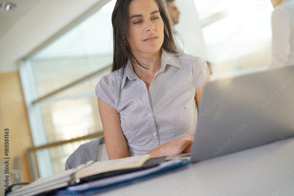 Businesswoman in office working on laptop computer, team in background