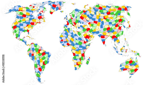 World map full of pills illustration