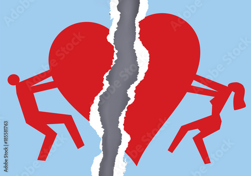 Divorced couple ripped paper with heart symbol.
Ripped paper with man and woman silhouettes and broken heart icon symbolizing the end of love. Vector available. 