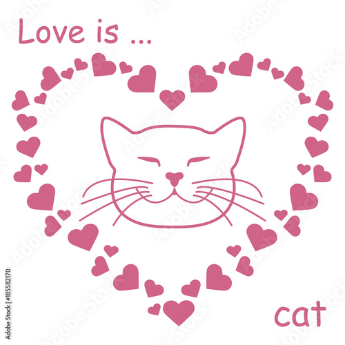 many hearts and cute cat. Valentine's Day