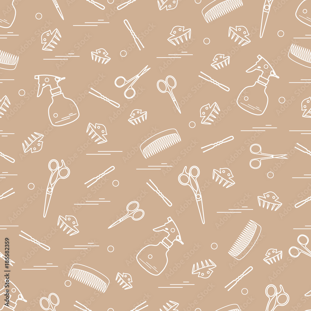 Obraz premium Cute pattern of scissors, combs, hairclip, hairpins and sprayer. For the provision of hairdressing services.