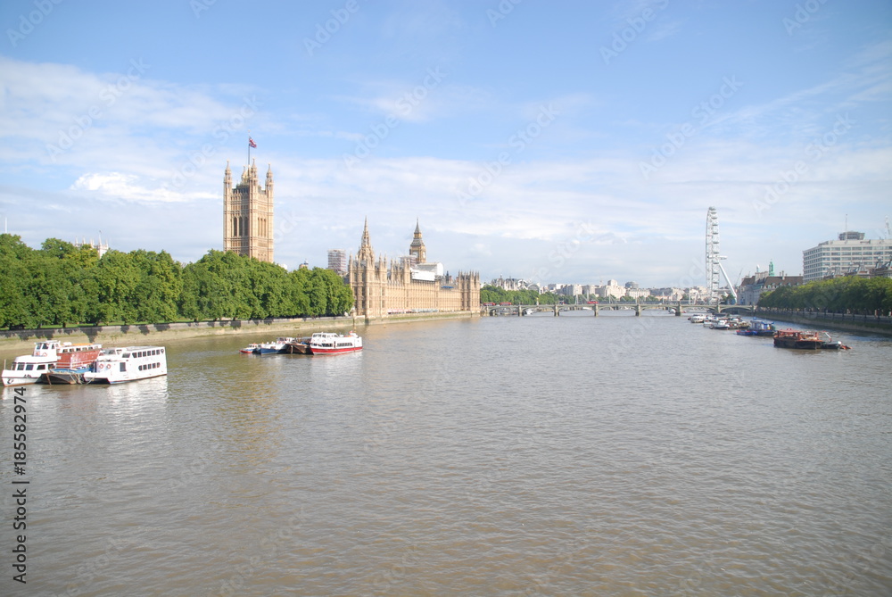 View of Palace of Westminster, Big Ben, London Eye and River Thames from Lambeth Bridge