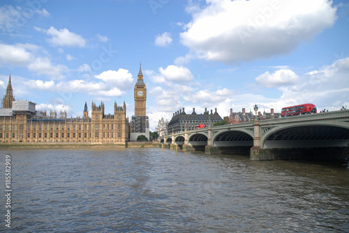 Westminster bridge with red bus, Palace of Westminster and Big Ben