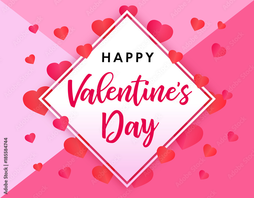Elegant Happy Valentines Day banner. Valentines Day greeting card template with typography text happy valentine`s day and red hearts on pink background. Vector illustration