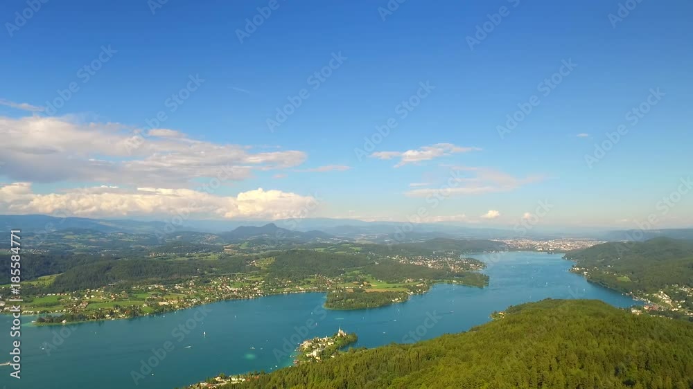 Lake WortherSee, Austria, Europe. View from biggest wooden tower in the world, PyramidenKogel, 300 ft high. Lake WortherSee, Austria, Europe. View from biggest wooden tower in the world, PyramidenKogel, 300 ft high.